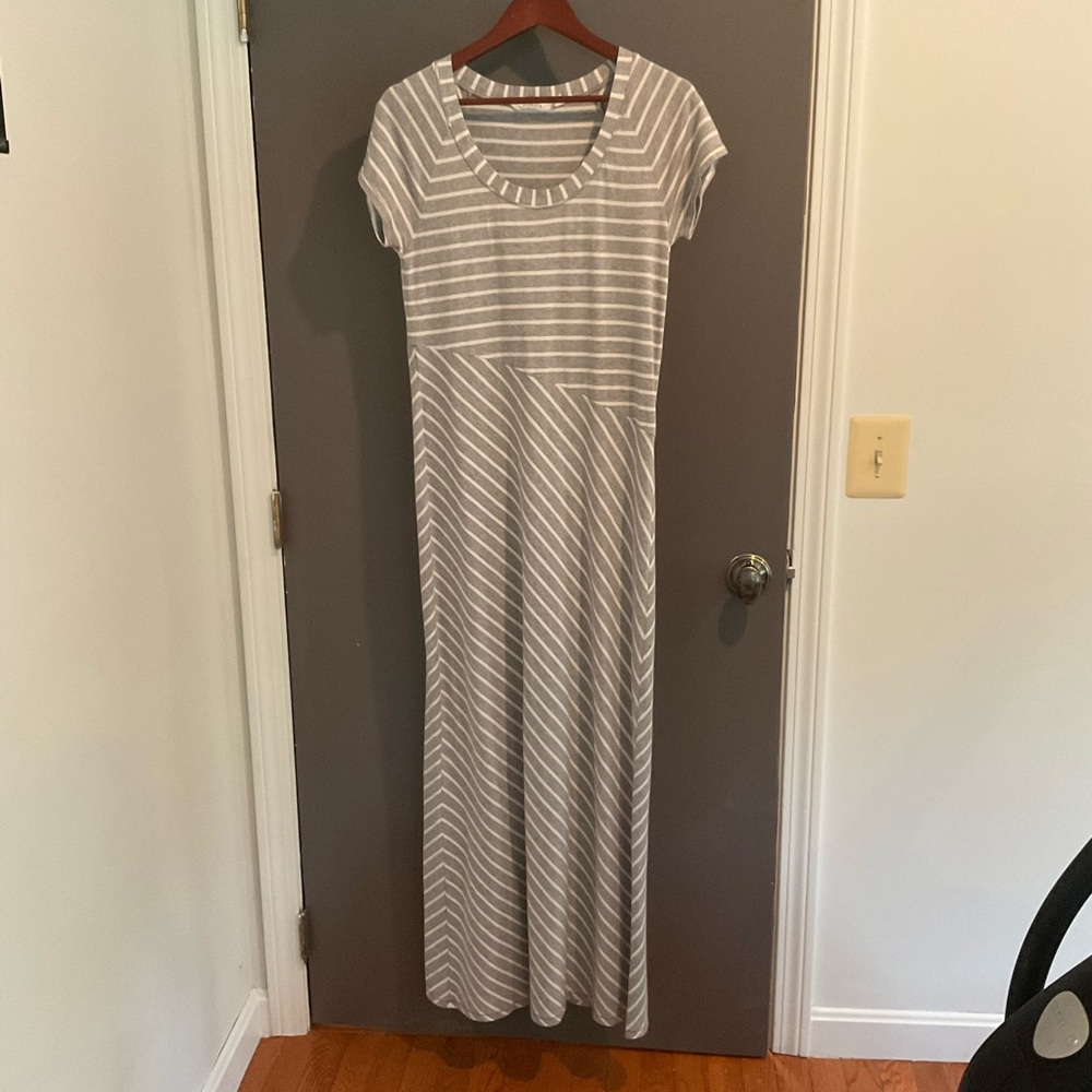 Athleta Gray and White Striped Maxi Dress